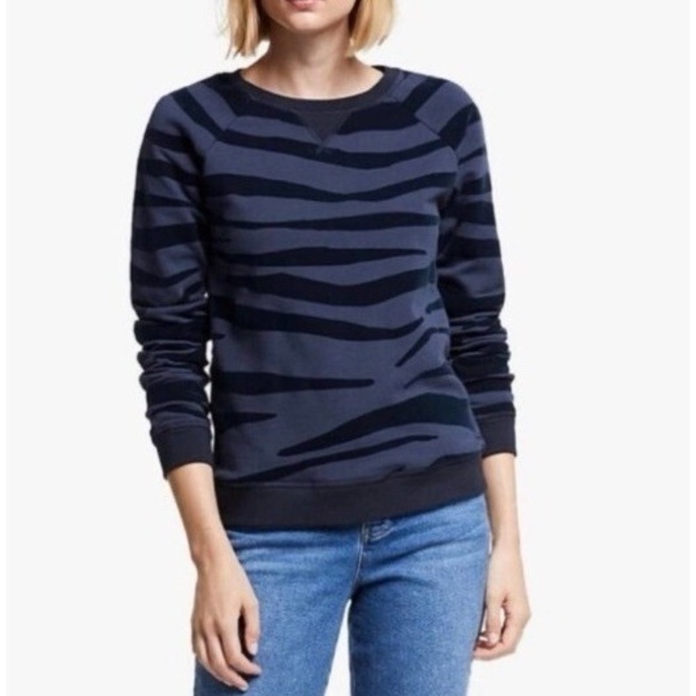 BODEN Crewneck Pullover Navy Blue Flocked Zebra Print Sweatshirt Women's Size XS